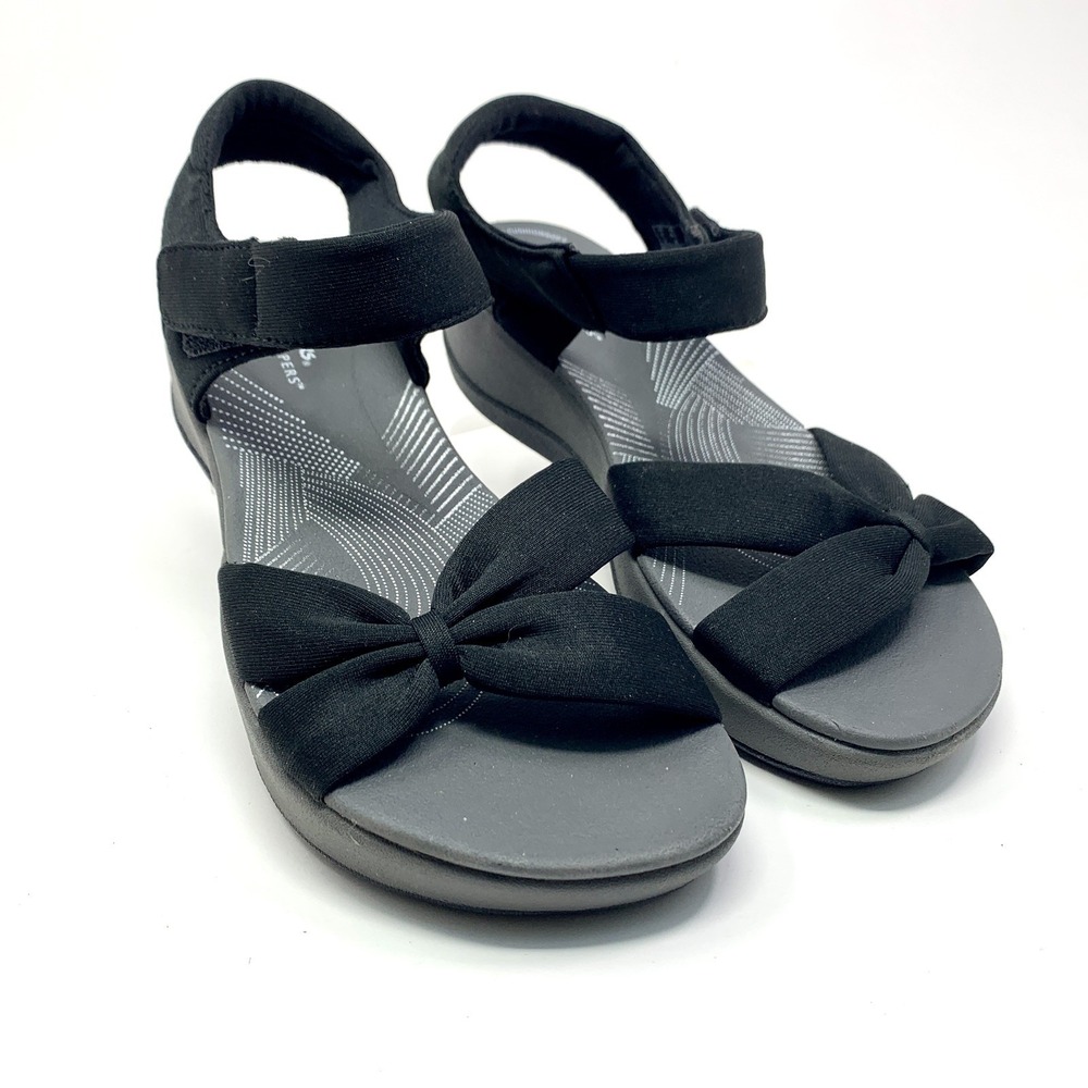 CLARKS Cloudsteppers Arla Shore Sandals Womens 6.5 Strappy Black Gray Comfort